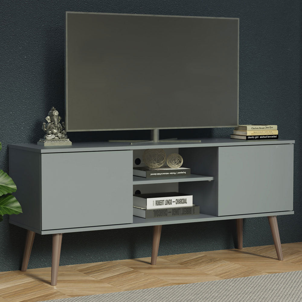 Madesa TV Stand Cabinet with 2 Doors and 2 Shelves, for TVs up to 55 Inches, Wood Entertainment Center, 60 H X 38 D X 138 L cm - Grey