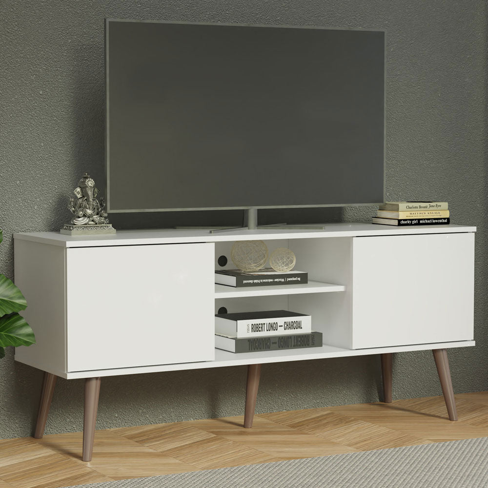 Madesa TV Stand Cabinet with 2 Doors and 2 Shelves, for TVs up to 55 Inches, Wood Entertainment Center, 60 H X 38 D X 138 L cm - White