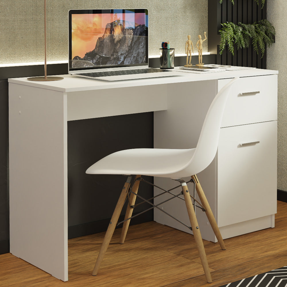 Madesa Compact Computer Desk with 1 Drawer and 1 Door, Study Table for Small Spaces, Wood, 77 H x 45 D x 110 L cm - White