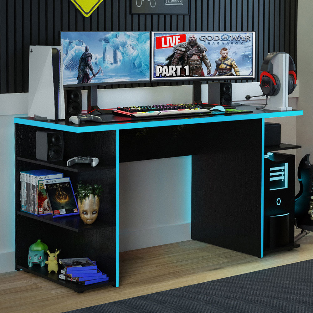Madesa Gaming Computer Desk with 5 Shelves, Cable Management and Large Monitor Stand, Wood, 60 D x 136 W x 75 H cm - Black/Blue