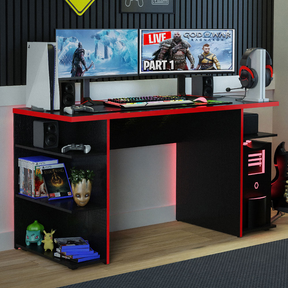 Madesa Gaming Computer Desk with 5 Shelves, Cable Management and Large Monitor Stand, Wood, 60 D x 136 W x 75 H cm - Black/Red