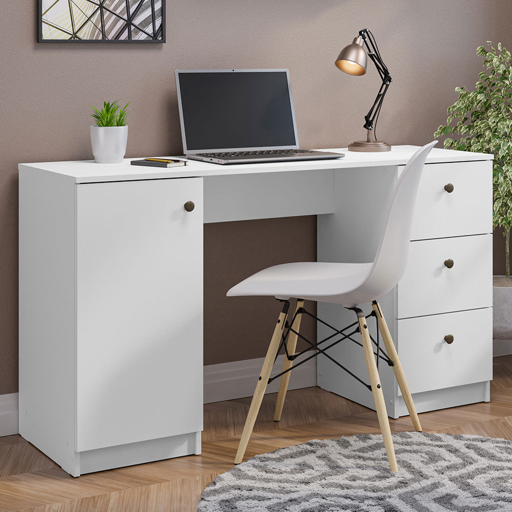 Madesa Computer Desk, Modern Home Office Desk with 3 Drawers and 1 Door, Plenty of Space, Wood, 136 W x 45 D x 77 H cm - White