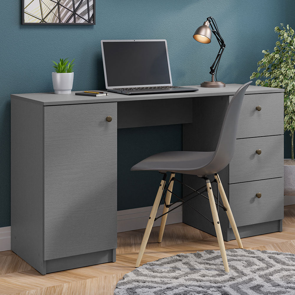 Madesa Computer Desk, Modern Home Office Desk with 3 Drawers and 1 Door, Plenty of Space, Wood, 136 W x 45 D x 77 H cm – Grey