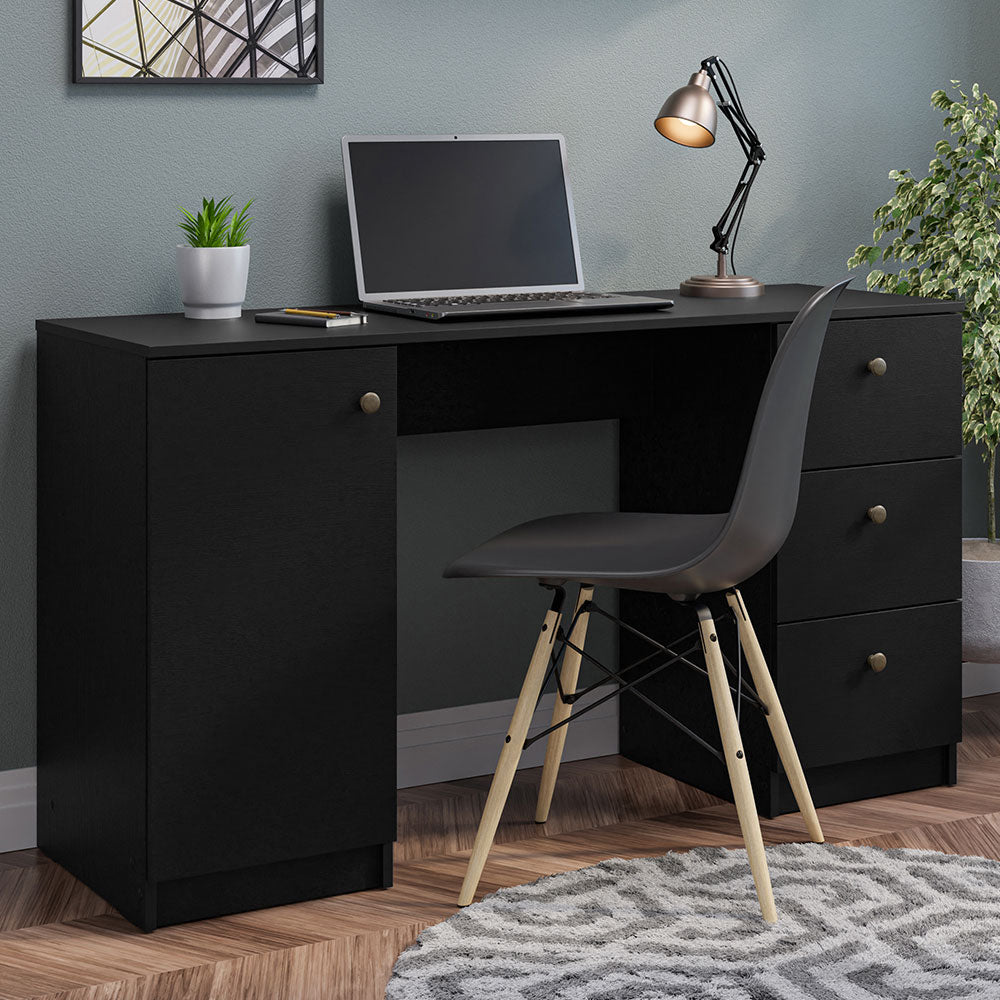 Madesa Computer Desk, Modern Home Office Desk with 3 Drawers and 1 Door, Plenty of Space, Wood, 136 W x 45 D x 77 H cm - Black