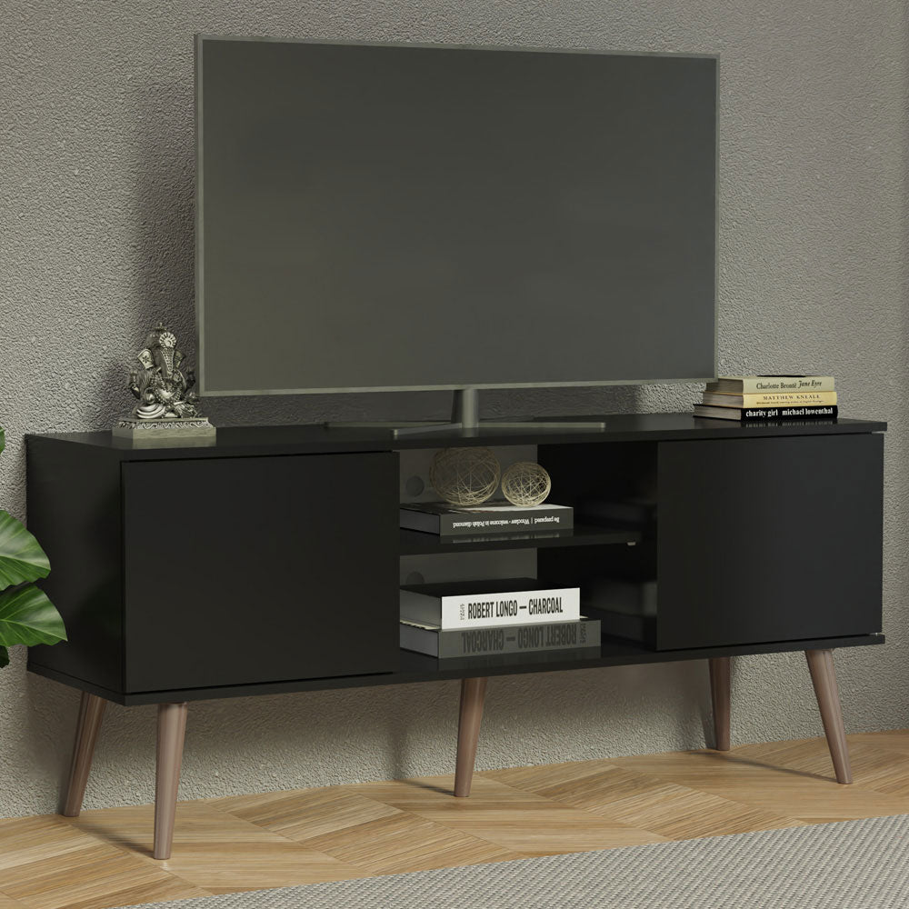 Madesa TV Stand Cabinet with 2 Doors and 2 Shelves, for TVs up to 55 Inches, Wood Entertainment Center, 60 H X 38 D X 138 L cm - Black