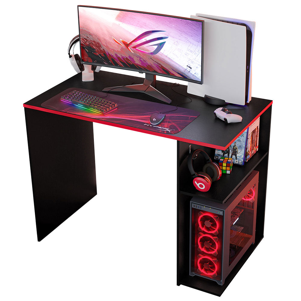 
                  
                    Load image into Gallery viewer, Madesa Compact Gaming Computer Desk with 2 Shelves, Cable Management and Large Monitor Stand, Wood, 54 D x 100 W x 75 H - Black/Red
                  
                