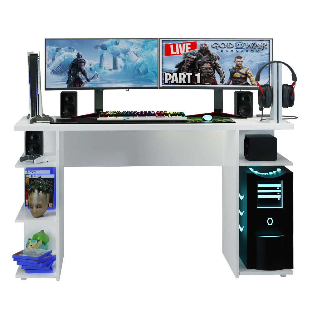 
                  
                    Load image into Gallery viewer, Madesa Gaming Computer Desk with 5 Shelves, Cable Management and Large Monitor Stand, Wood, 60 D x 136 W x 75 H cm - White
                  
                
