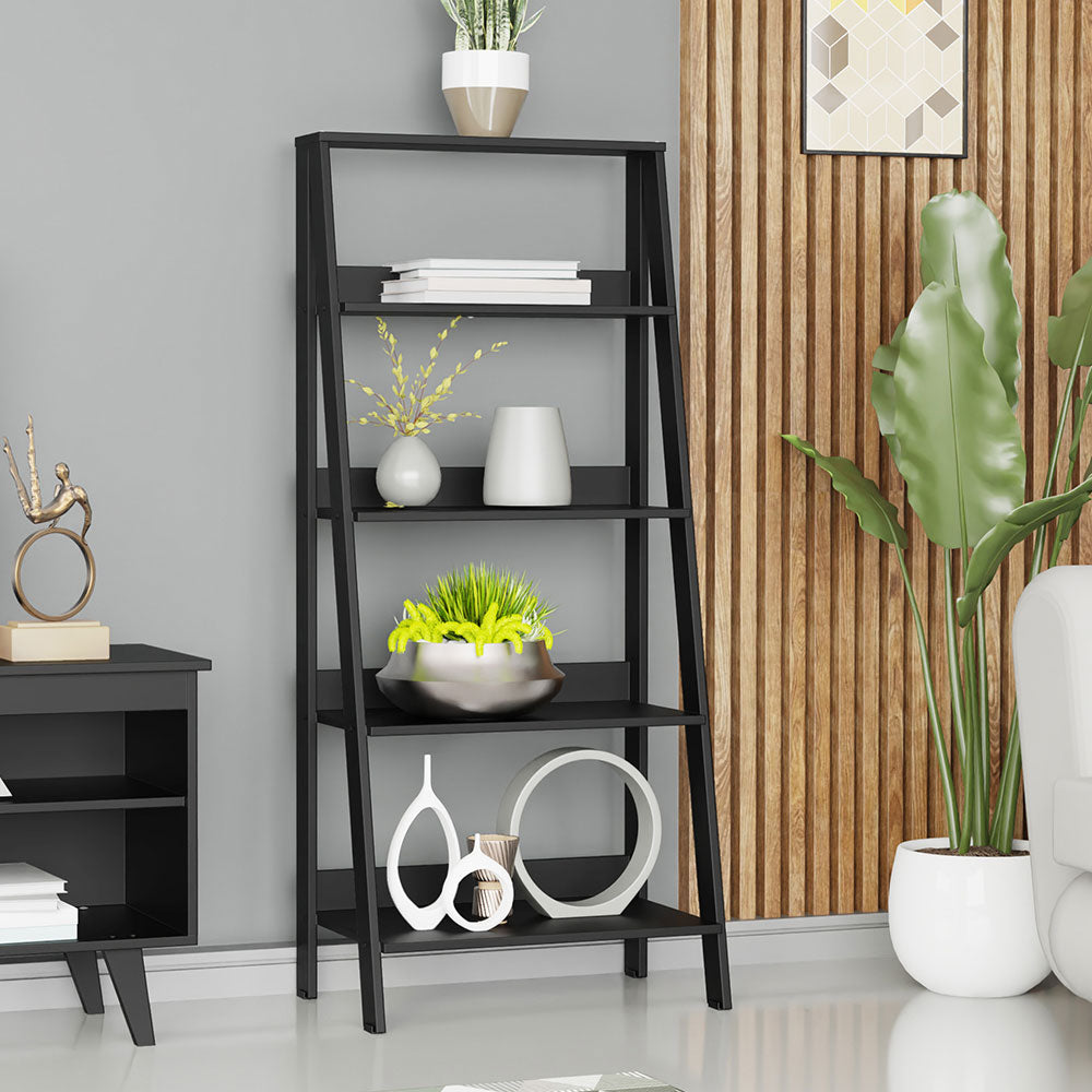 Madesa 5-Tier Ladder Shelf with Storage Space, Free Standing Bookshelf, Wood, 135 H x 38 D x 61 L cm - Black