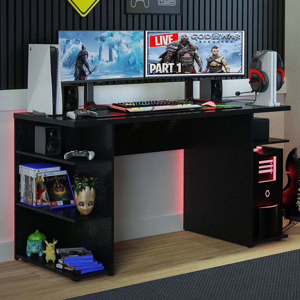 Madesa Gaming Computer Desk with 5 Shelves, Cable Management and Large Monitor Stand, Wood, 60 D x 136 W x 75 H cm - Black