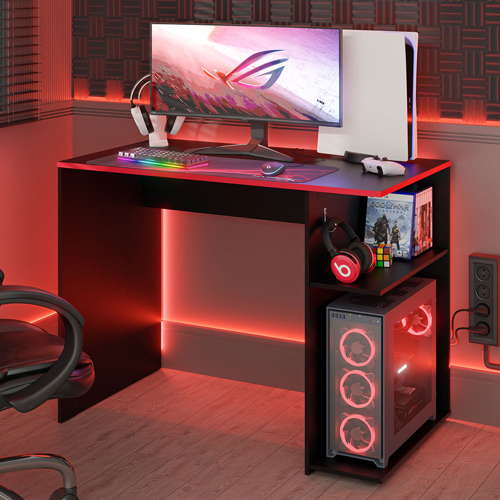 Madesa Compact Gaming Computer Desk with 2 Shelves, Cable Management and Large Monitor Stand, Wood, 54 D x 100 W x 75 H - Black/Red