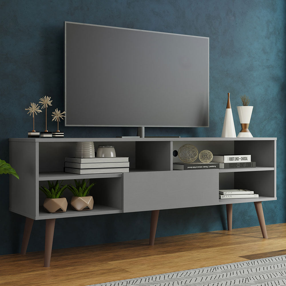 Madesa Modern TV Stand with 1 Door and 4 Shelves for TVs up to 65 Inches, Wood Entertainment Center, 60 H x 40 D x 150 W cm - Grey