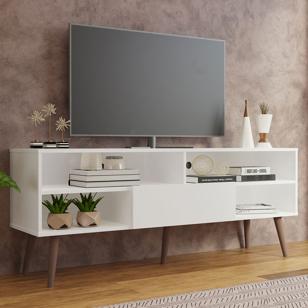 Madesa Modern TV Stand with 1 Door and 4 Shelves for TVs up to 65 Inches, Wood Entertainment Center, 60 H x 40 D x 150 W cm - White