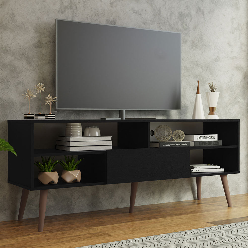Madesa Modern TV Stand with 1 Door and 4 Shelves for TVs up to 65 Inches, Wood Entertainment Center, 60 H x 38 D x 150 W cm - Black