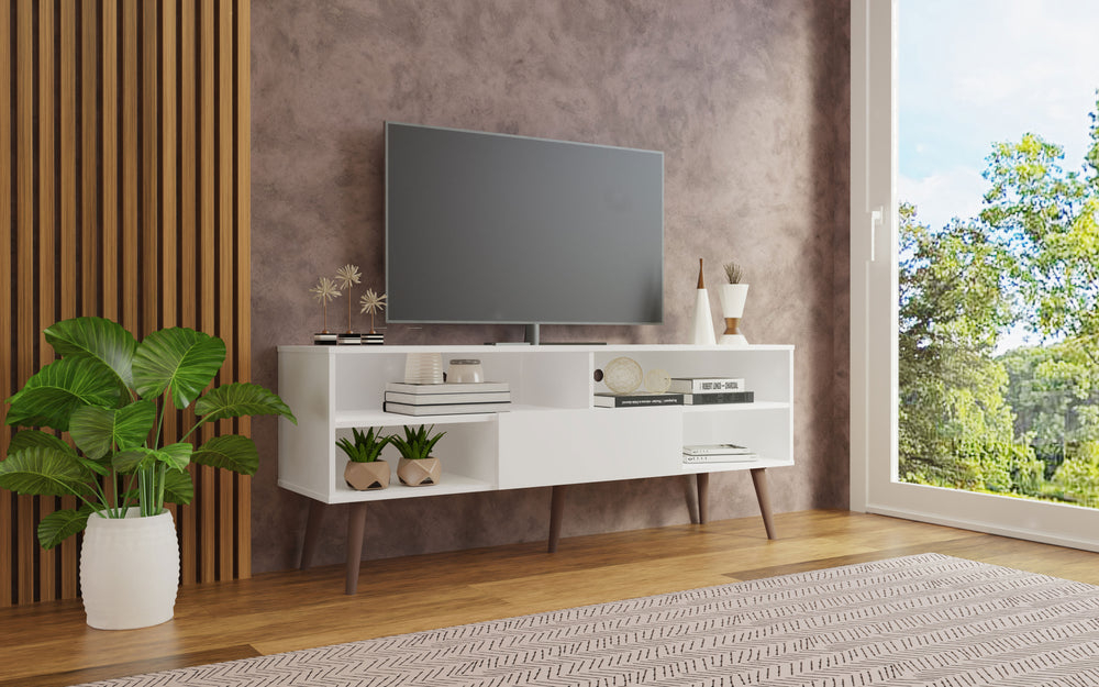 
                  
                    Load image into Gallery viewer, Madesa Modern TV Stand with 1 Door and 4 Shelves for TVs up to 65 Inches, Wood Entertainment Center, 60 H x 40 D x 150 W cm - White
                  
                