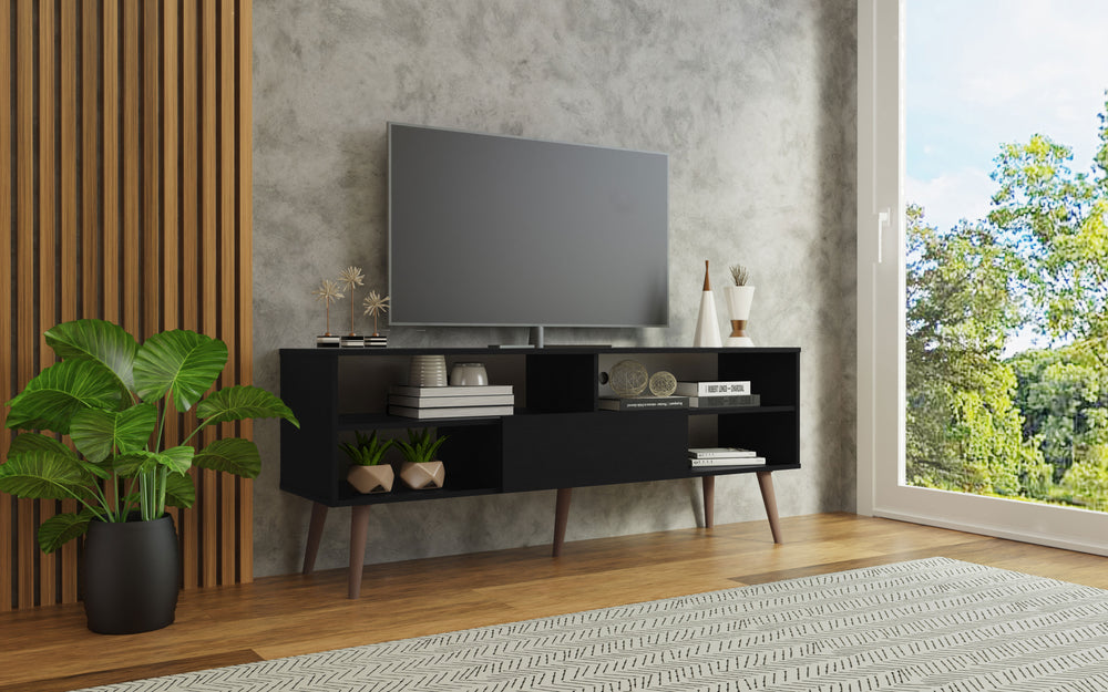 
                  
                    Load image into Gallery viewer, Madesa Modern TV Stand with 1 Door and 4 Shelves for TVs up to 65 Inches, Wood Entertainment Center, 60 H x 38 D x 150 W cm - Black
                  
                