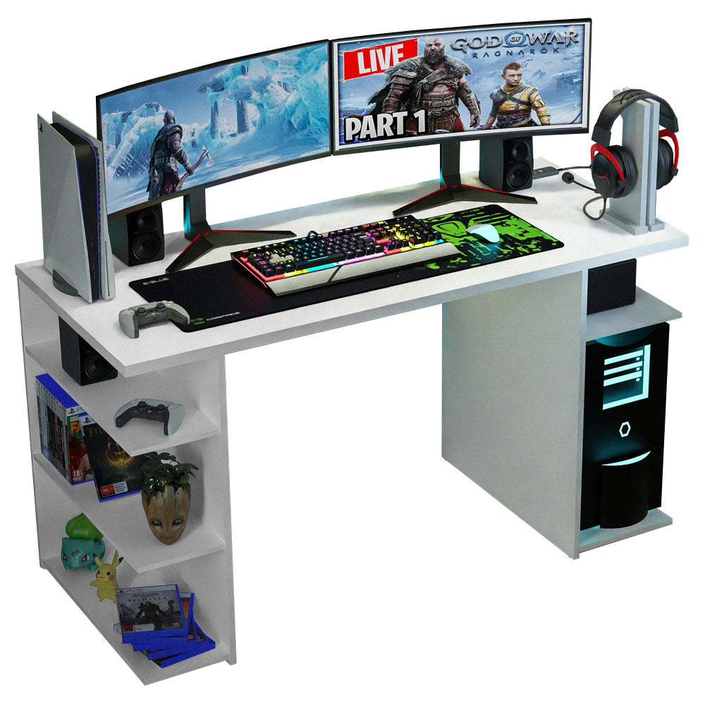
                  
                    Load image into Gallery viewer, Madesa Gaming Computer Desk with 5 Shelves, Cable Management and Large Monitor Stand, Wood, 60 D x 136 W x 75 H cm - White
                  
                