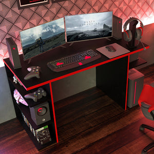 
                  
                    Load image into Gallery viewer, Madesa Gaming Computer Desk with 5 Shelves, Cable Management and Large Monitor Stand, Wood, 60 D x 136 W x 75 H cm - Black/Red
                  
                