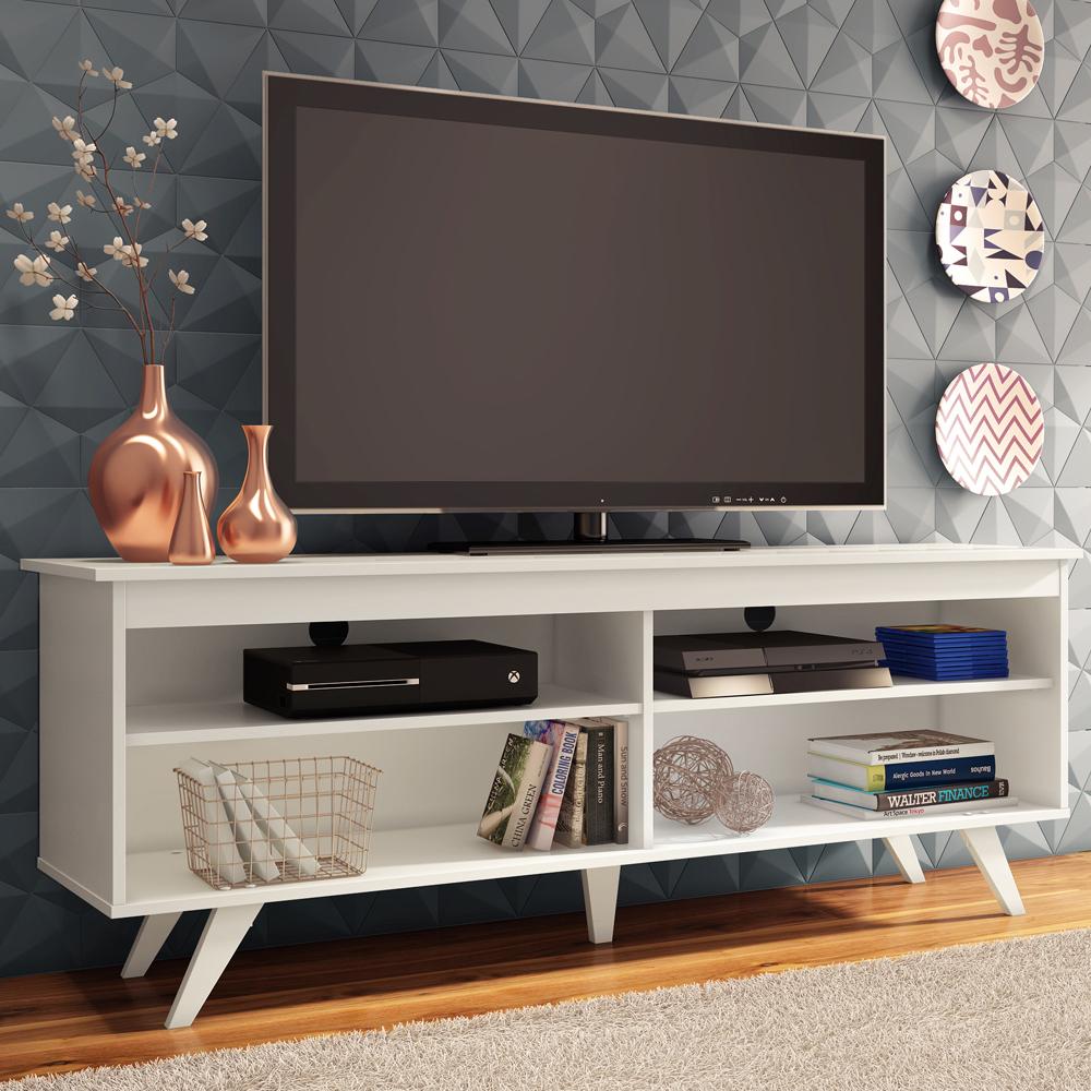 MADESA TV Stand with 4 Shelves and Cable management, TV Table Unit for TVs up to 65 Inches, Wood, 58 H x 38 D x 150 W cm - White