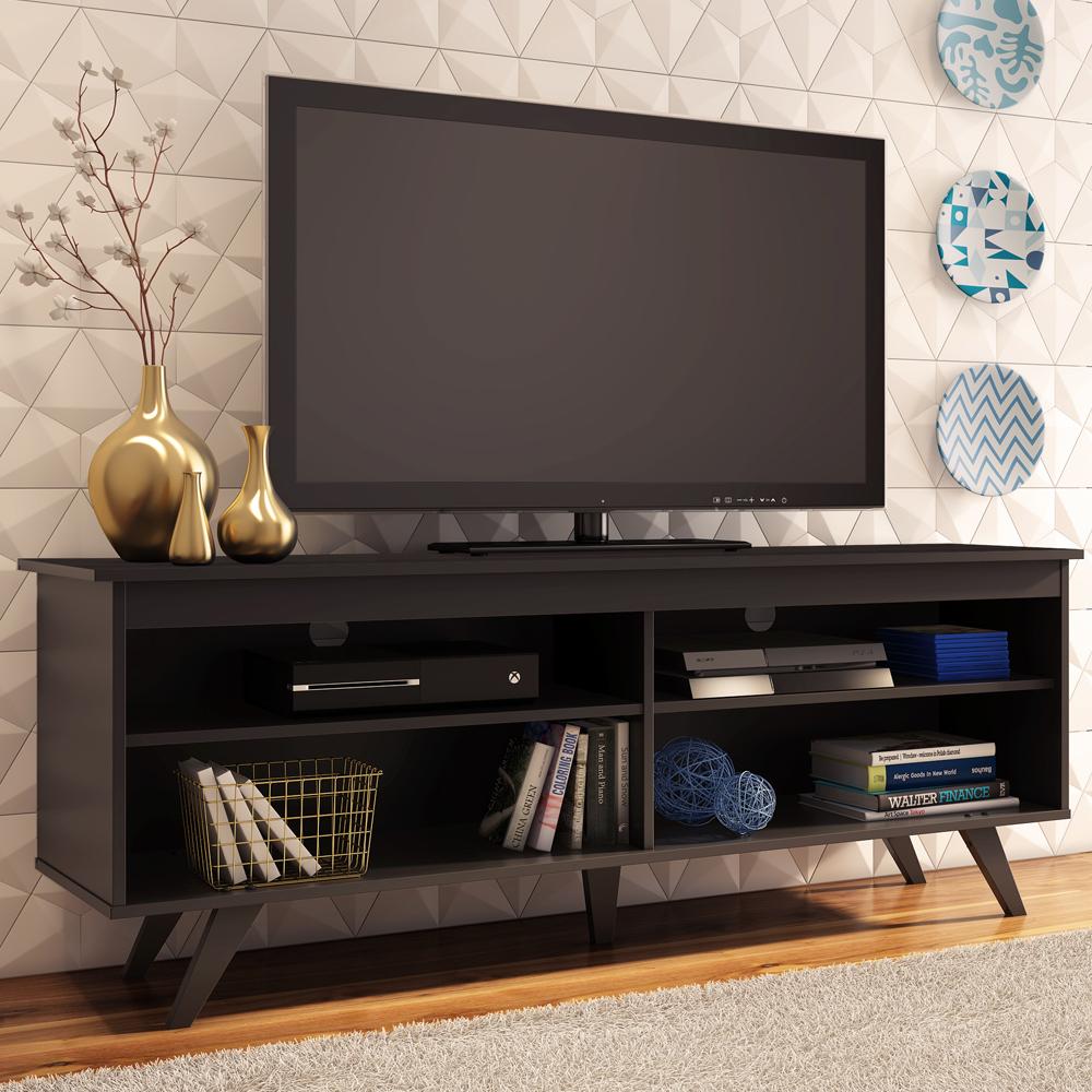 Madesa TV Stand with 4 Shelves and Cable management, TV Table Unit for TVs up to 65 Inches, Wood, 58 H x 38 D x 150 W cm - Black