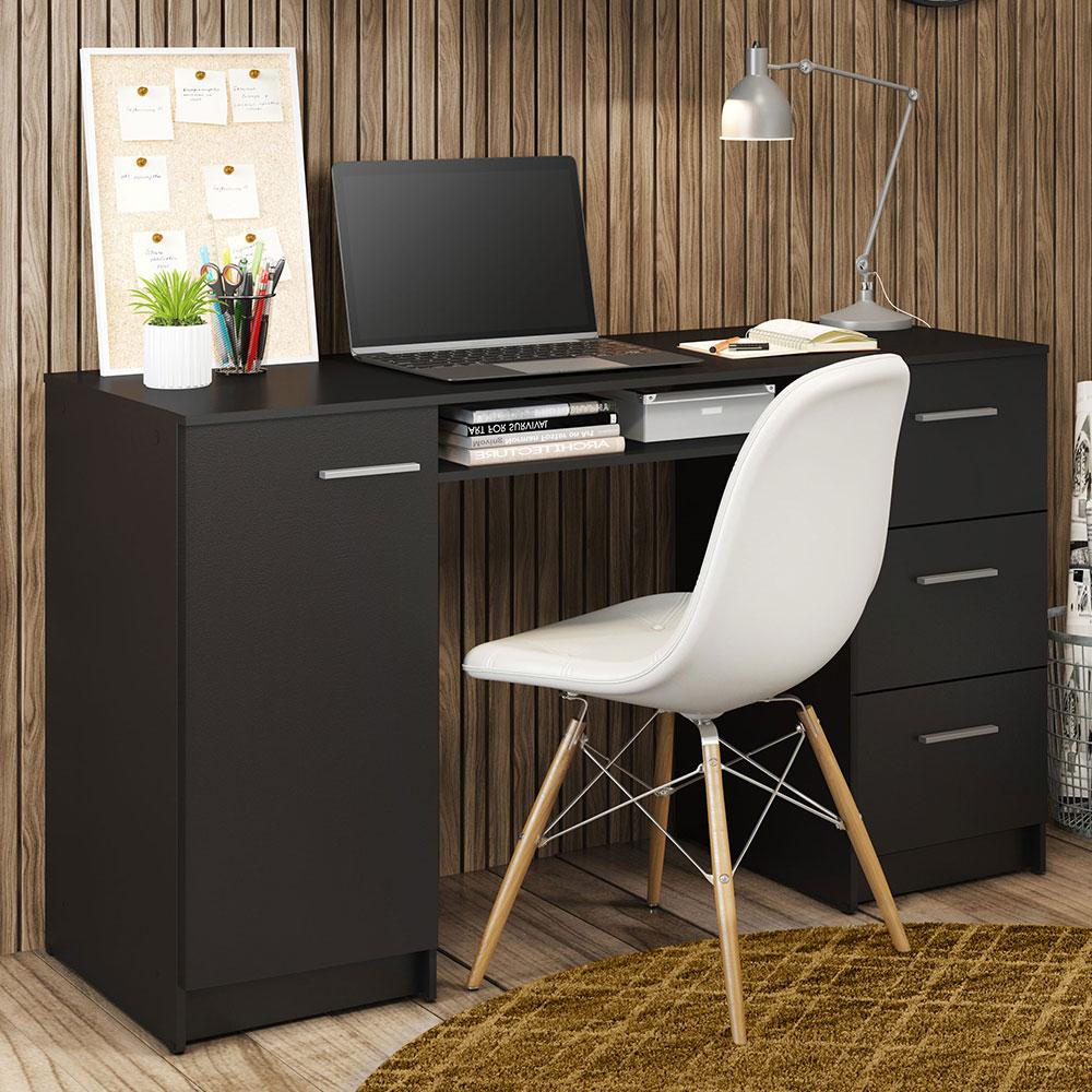 Madesa Home Office Computer Writing Desk with 3 Drawers, 1 Door and 1 Storage Shelf, Plenty of Space, Wood, 45 D x 136 W x 77 H cm - Black