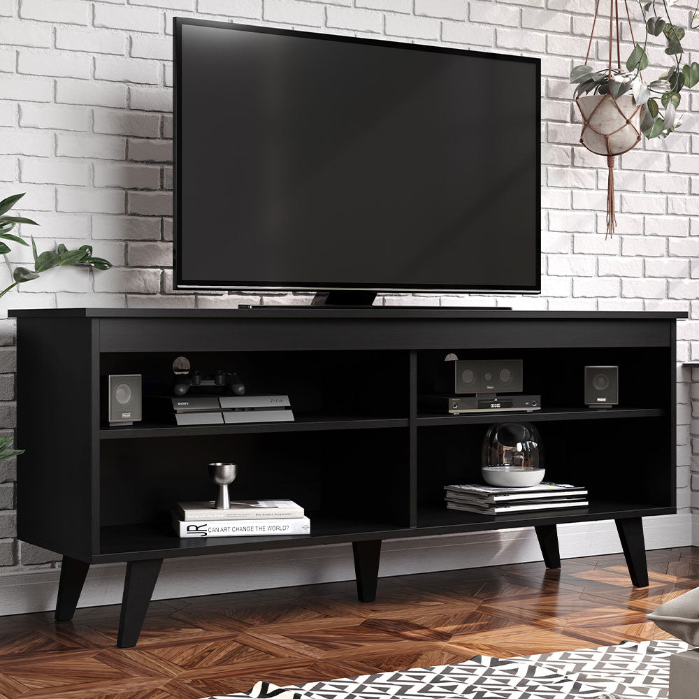 Madesa TV Stand Cabinet with 4 Shelves and Cable Management, TV Table Unit for TVs up to 55 Inches, Wooden, 58 H x 38 D x 136 L cm - Black