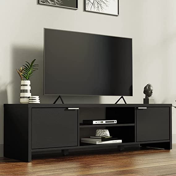 Madesa TV Stand Cabinet with Storage Space and Cable Management, TV Table Unit for TVs up to 65 Inches, Wooden, 40 H x 38 D x 145 L cm - Black