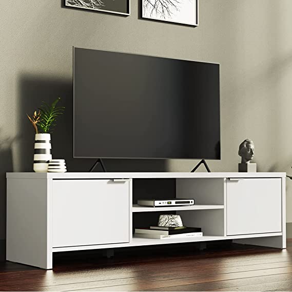 Madesa TV Stand Cabinet with Storage Space and Cable Management, TV Table Unit for TVs up to 65 Inches, Wooden, 40 H x 38 D x 145 L cm - White