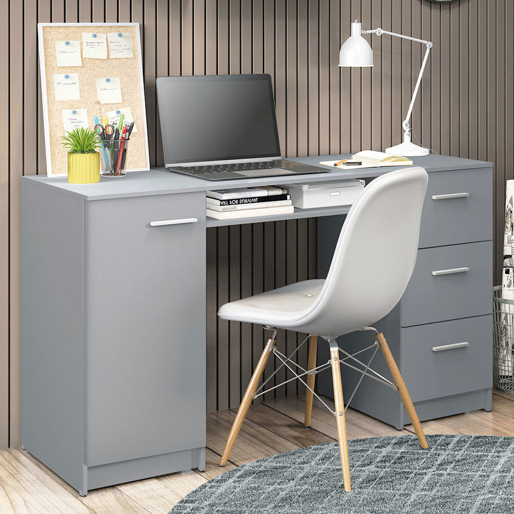 Madesa Home Office Computer Writing Desk with 3 Drawers, 1 Door and 1 Storage Shelf, Plenty of Space, Wood, 45 D x 136 W x 77 H cm - Grey